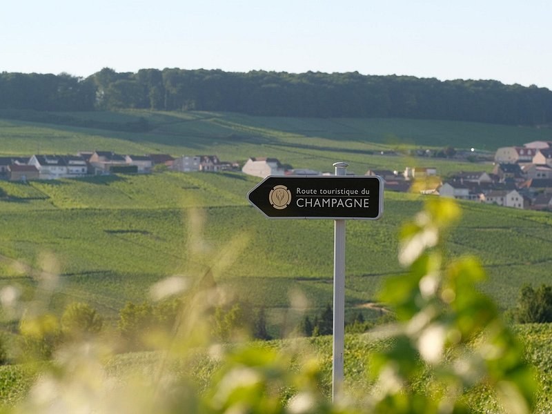 A Route touristique du Champagne sign above vine slopes, a village and a wooded ridge behind